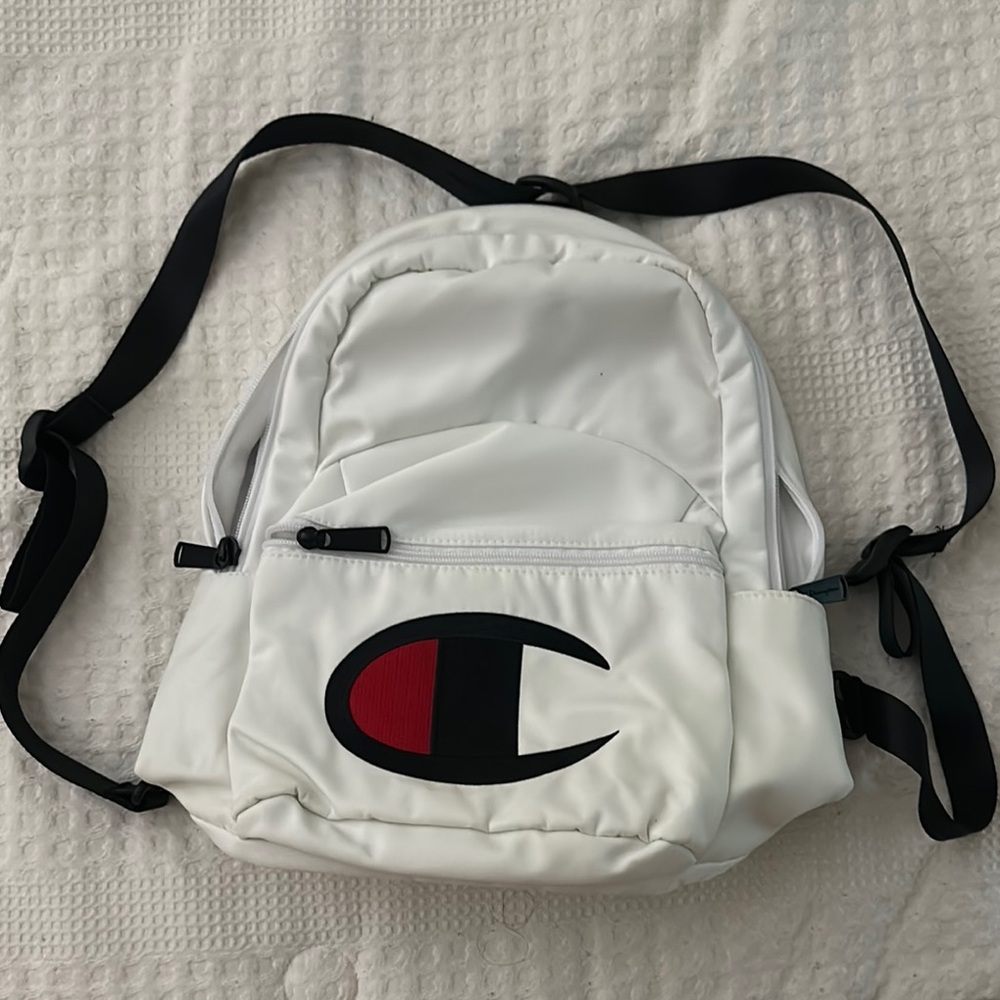 Champion White Backpack with Black and Red Logo
